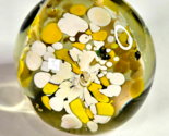 Vintage Art Glass Paper Weight Yellow White Flowers Clear Bubbles 2.5in ... - £19.66 GBP