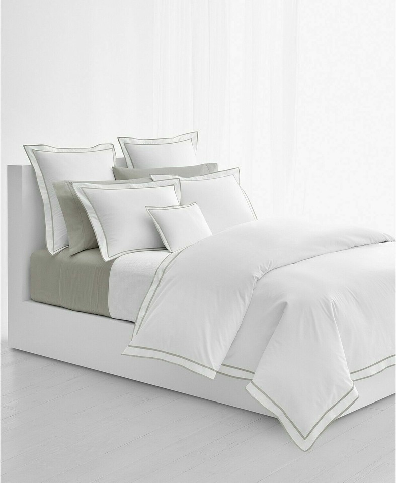 Ralph Lauren Spencer Cotton Sateen Border Full/Queen Duvet Cover $335 White/Gray - £73.23 GBP