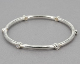 Sterling Silver Hollow Tube Bezel-Set CZ Station 7.5&quot; Bangle Bracelet 11.9 Grams - £17.57 GBP