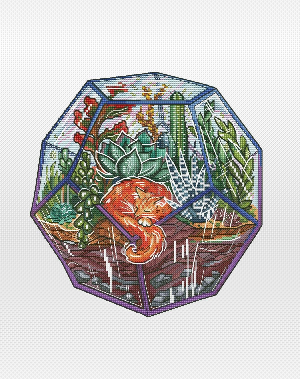 Primary image for Florarium cross stitch red cat pattern pdf - round embroidery glass garden 