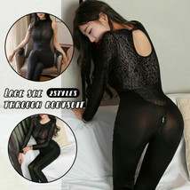 Womens Sheer Lace Leopard Jumpsuits One Piece Outfits Bodysui Zipper Open Crotch - £14.46 GBP