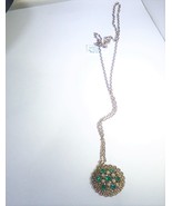 Necklace Chain Vintage Pendant Gold Tone w White and Green 22&quot;+ Upcycled - $10.00