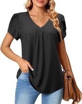 Women&#39;s T-Shirt V Neck Pleated Front Summer Eyelet Petal Sleeve (Black,Size:2XL) - £13.91 GBP