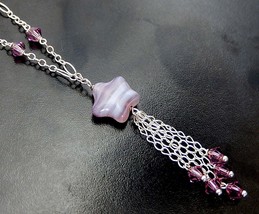 Purple Star Necklace, Sterling Silver Plum Violet Tassel Necklace, Czech Glass J - £26.14 GBP