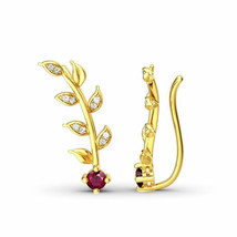 1Ct Round CZ Pink Ruby Leaves Climber Earrings 14K Yellow Gold Silver Plated - £95.69 GBP