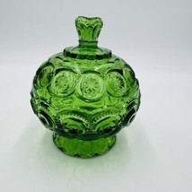 Vintage L E Smith Glass Moon &amp; Stars Apothecary Jar Green Footed Lidded Compote - £54.98 GBP