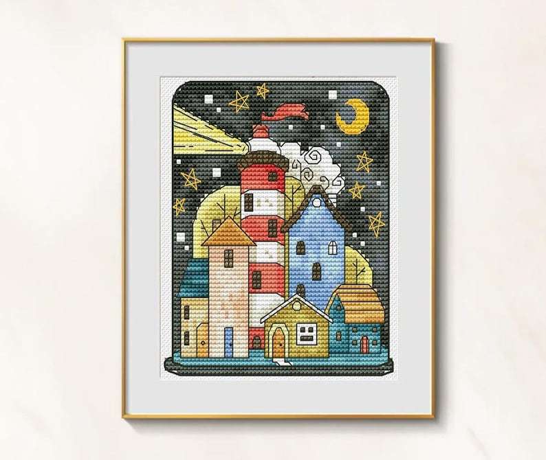 Night Lighthouse cross stitch pdf pattern - Seaside embroidery coast village - $4.89