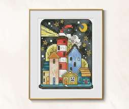 Night Lighthouse cross stitch pdf pattern - Seaside embroidery coast village - £3.90 GBP