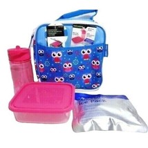 Arctic Zone Insulated Owls Lunch Kit Food Container Pink Bottle Blue Ice... - $18.22