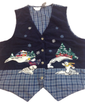 Christmas Vest Womens Size L Lg Embroidered Skating bears Navy and Plaid New - £15.72 GBP