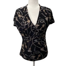 White House Black Market Key Chain Print Blouse Sz S Black Gold Rope Bar... - €18,80 EUR