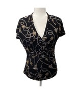 White House Black Market Key Chain Print Blouse Sz S Black Gold Rope Bar... - $29.88 CAD