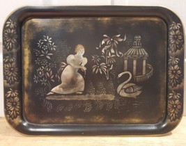 Vintage Toleware Tole Girl Feeding Swan Painted Metal Tray Signed &amp; Dated - $48.37
