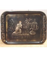 Vintage Toleware Tole Girl Feeding Swan Painted Metal Tray Signed &amp; Dated - £38.06 GBP