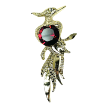 Bird of Paradise Brooch Red Stone Gold Tone Pin Vintage Textured Peacock... - $15.88
