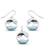 Sterling Silver Natural Larimar &amp; CZ Ocean Wave Earring/Pendant Set - €74,64 EUR