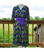 1980s Handmade Purple &amp; Green Floral Belted Midi Dress with Pockets Size... - £23.35 GBP
