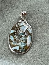 Unique Olive Green w Aqua Nuggets Oval Stone in 925 Marked Silver Frame Pendant - £19.21 GBP