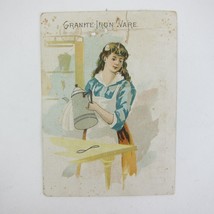 Victorian Trade Card Granite Iron Ware Young Woman Blue Clean Coffee Pot Antique - £7.94 GBP