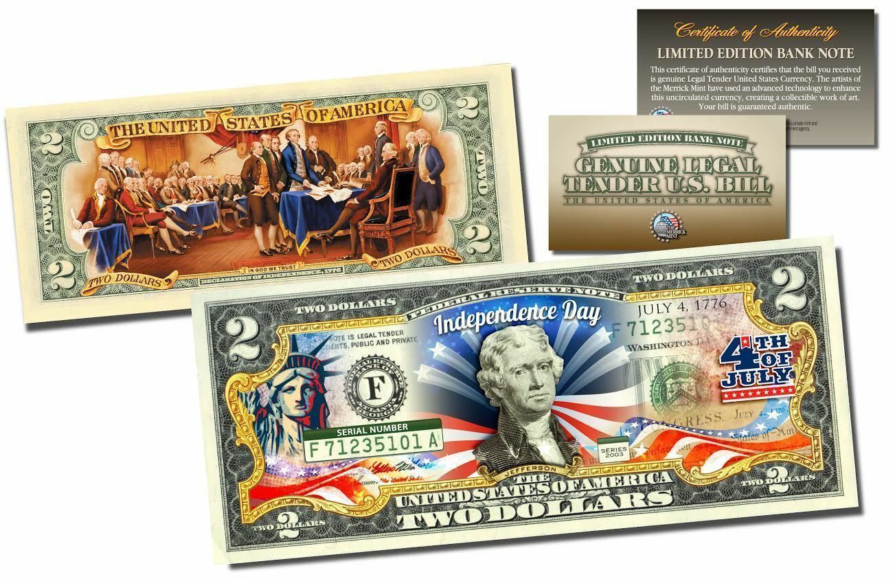 USA 2 Dollar Bill Official July 4th Independence Day 2-Sided Tende Certificated - £14.78 GBP