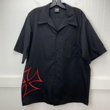 Johnny Suede Button Up Shirt Mens L Black/Red Embroidered Iron Cross Bik... - £14.64 GBP