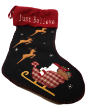 Christmas Stocking Santa Claus and Sleigh 18&quot; Fleece Felt Applique Black Red - £9.12 GBP