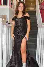 Shiny Off-the-Shoulder Black Sequins Long Formal Dresses,Black Blue Prom Dresses - £129.74 GBP