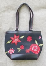 Liz Claiborne Shoulder Bag Tote Purse  Black with Red Floral Appliqued B... - £17.08 GBP