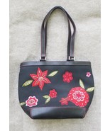 Liz Claiborne Shoulder Bag Tote Purse  Black with Red Floral Appliqued B... - £16.99 GBP