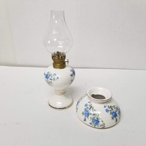 Blue Floral White Oil Lamp Chimney Hurricane Shade Gold Trim Small Table - $16.83