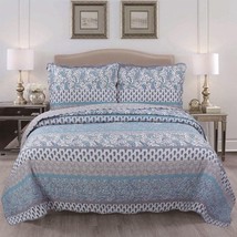 KARO PAISLEY FLOWERS BLUEREVERSIBLE BEDSPREAD QUILTED SET 3 PCS KING SIZE - $49.49