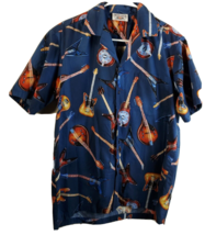 Pacific Legend Button Up Shirt Mens Medium Blue Guitar Print Short Sleeve Collar - £15.15 GBP