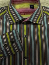 GORGEOUS Robert Graham Gray Green and Blue Stripe Embroidered Shirt S 15x33 - £31.85 GBP