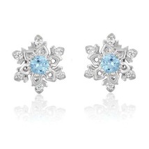 3mm Round Aquamarine &amp; Diamond Snowflake Stud Earrings in 14K White Gold Plated - $188.27