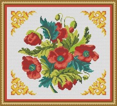 Vintage Poppies Flowers Bouquet Counted Cross Stitch PDF Pattern - £4.70 GBP