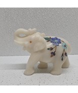White Marble Elephant With Floral Inlay Semi-Precious Stone Good Luck Tr... - $67.53 CAD