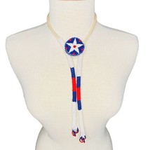 Vtg Beaded Bolo Tie Red White Blue Star Seed Bead Southwestern Corded 36&quot; Total - £14.92 GBP