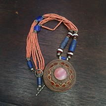 Vintage Tribal Afghan tiny seed beads coral red color Lapis jewelry neck... - $27.60