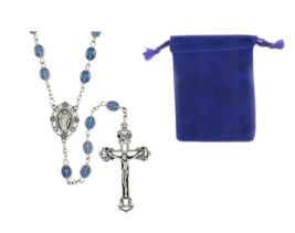 Blue Miraculous Medal Beads Marian Rosary with Drawstring Velvet Rosary Pouch - £12.52 GBP