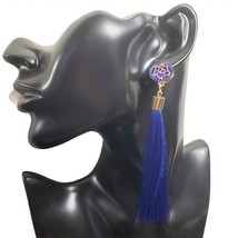 Fashion Jewelry Womens Blue Gold Dangle Tassel Bohemian Earrings Boho Style PAIR - £15.93 GBP