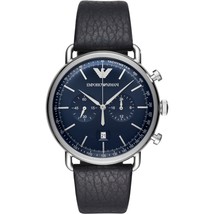 Emporio Armani AR11105 Blue Dial Black Leather Strap Men’s Watch - £178.86 GBP