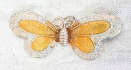 Elegant Glitter &amp; Honey Enamel Silver-tone Butterfly Brooch 1990s vintage - £10.35 GBP