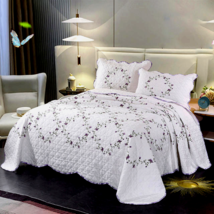 3pc White Purple Floral Bedspread Queen Size Cotton Summer Quilt Coverlet Set - £166.77 GBP