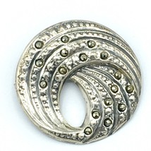 SWIRLED CIRCLE sterling marcasite pin - vintage 925 silver repousse broo... - £15.72 GBP