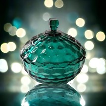 Indiana Glass Whitehall Candy Dish Teal Green Covered 5&quot; Cubist Vintage 70s 80s - £27.65 GBP