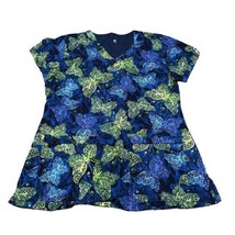 Women&#39;s MC2 Blue Pattern Size Small Scrub Top Green Blue Butterflies But... - £14.63 GBP