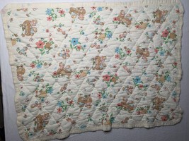 Vintage Baby Quilt Bears Bubbles Flowers 33x54 Inch - £23.11 GBP