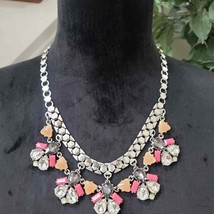 Stella &amp; Dot Colorful Rhinestone Statement Pink Peach Silver Tone Necklace - £21.99 GBP