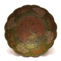 Vintage Small Brass Enamel Peacock Bowl Scallop Edge Pedestal Trinket Di... - $285.92 MXN