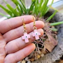 Pair of Dainty Gold &amp; Pink Evil Eye Cross Drop Hook Earrings - $19.99